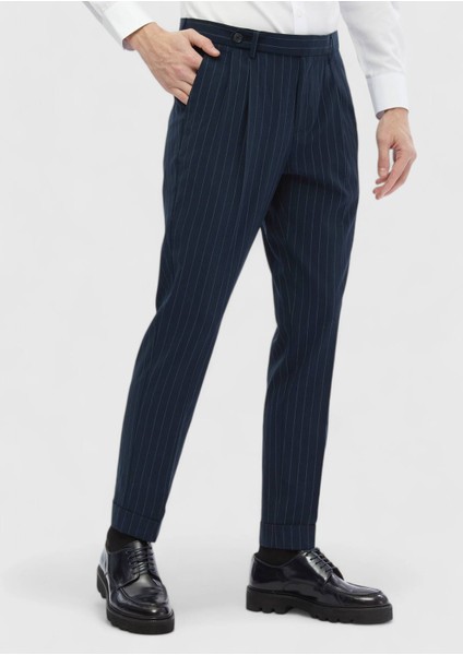 Lacivert Çizgili Dokuma Carrot Fit Klasik Pantolon fırsatları