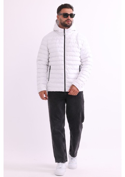 Erkek Beyaz Rüzgar Geçirmez Kapüşonlu Taşınabilir Çantalı Elyaf Dolgulu Hafif Spor Mont indirimleri