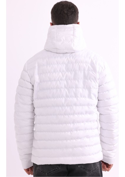 Erkek Beyaz Rüzgar Geçirmez Kapüşonlu Taşınabilir Çantalı Elyaf Dolgulu Hafif Spor Mont