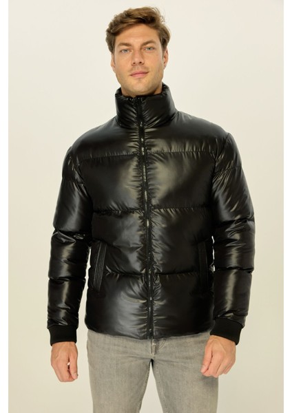 Erkek Parlak Siyah Şişme Rüzgar Geçirmez Dik Yaka Mont