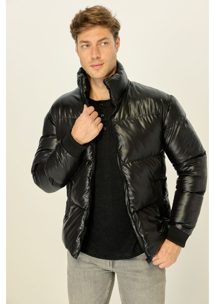 Erkek Parlak Siyah Şişme Rüzgar Geçirmez Dik Yaka Mont fırsatları