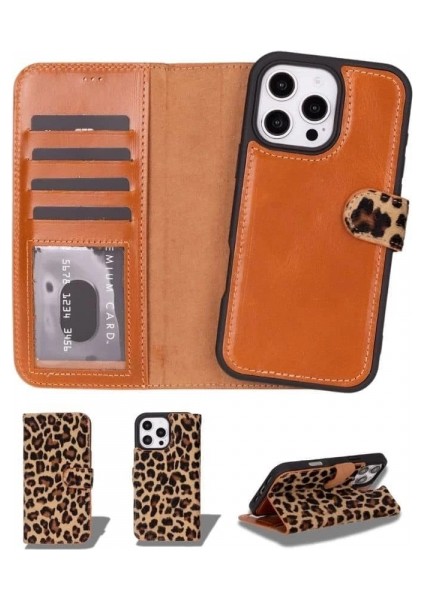 Apple iPhone 16 Pro Uyumlu, Hakiki Deri, El Yapımı, Cüzdanlı Kılıf, Leopar