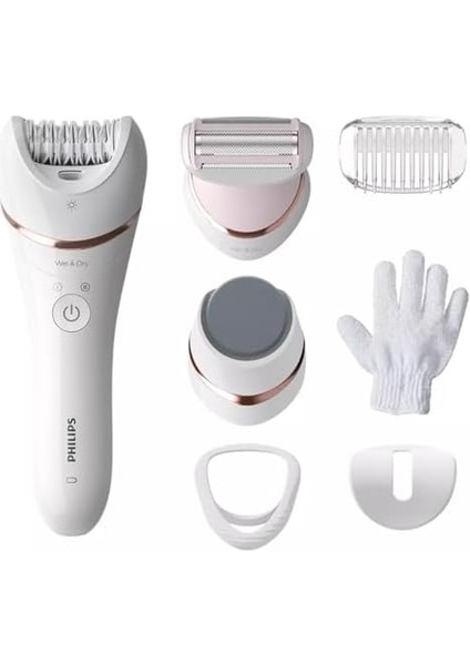 Philips Epilasyon Cihazı, Islak ve Kuru Kablosuz Kullanım, LED Işık, Ekstra Geniş Başlık, Hassas Bölge Başlığı, Pedikür Ayak Törpüsü, 6 Aksesuar Dahil, Beyaz Renk, BRE730/05