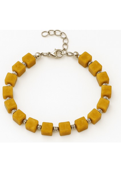 Gümüş Renk Metal Zincir Dorika Süslemeli Küp Kesim Hardal Rengi Doğal Damla Kehribar Erkek Bileklik