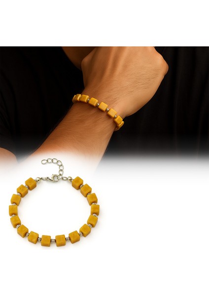 Gümüş Renk Metal Zincir Dorika Süslemeli Küp Kesim Hardal Rengi Doğal Damla Kehribar Erkek Bileklik fiyatları