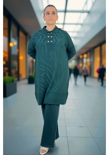 Gold Düğme Detay Polo Yaka Tunik Beli Lastikli Pantolon Büyük Beden Merserize Takım