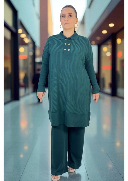 Gold Düğme Detay Polo Yaka Tunik Beli Lastikli Pantolon Büyük Beden Merserize Takım modelleri