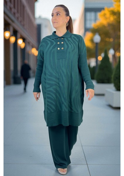 Gold Düğme Detay Polo Yaka Tunik Beli Lastikli Pantolon Büyük Beden Merserize Takım indirimleri