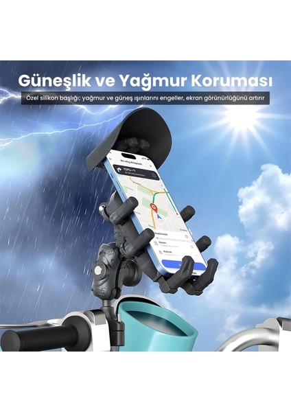 Gidon Bağlantılı Güneş ve Yağmur Korumalı 360° Derece Ayarlanabilir Motosiklet Bisiklet Telefon Tutucu