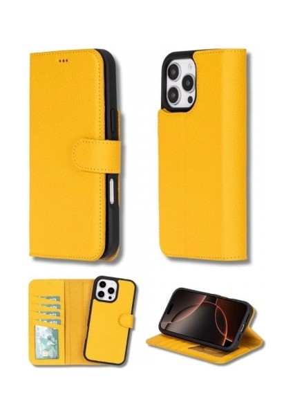 Apple iPhone 16 Pro Uyumlu, Hakiki Deri, El Yapımı, Cüzdanlı Kılıf, Limon Sarı