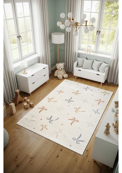 Cotto Kids CK002R Krem Halı Renkli Fiyonk Desen Kaymaz Taban Yumuşak Yıkanabilir Çocuk Odası Halısı