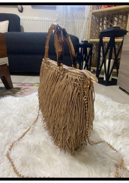 El Örgüsü Vizon Renk Püsküllü Çanta