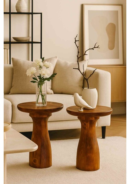 El Yapımı Doğal Ahşap 2’li Yan Sehpa – Meşe Renk Zigon ve Dekoratif Takım