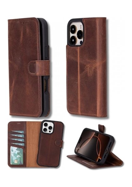 Apple iPhone 16 Pro Uyumlu, Hakiki Deri, El Yapımı, Cüzdanlı Kılıf, Antik Kahve