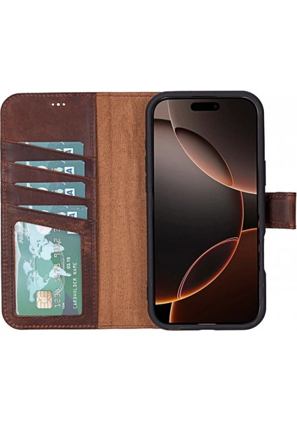 Apple iPhone 16 Pro Uyumlu, Hakiki Deri, El Yapımı, Cüzdanlı Kılıf, Antik Kahve fiyatları