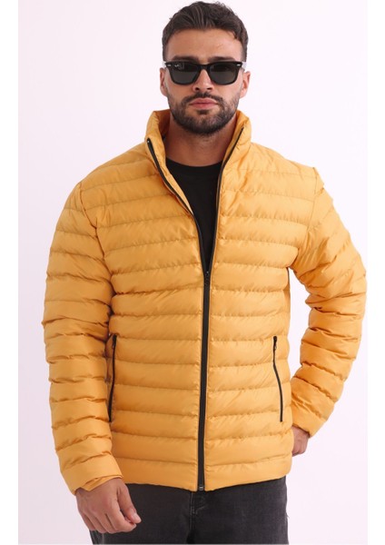 Erkek Rüzgar Geçirmez Taşınabilir Çantalı Sıcak Tutan Elyaf Dolgulu Hafif Şişme Sarı Mont indirimleri