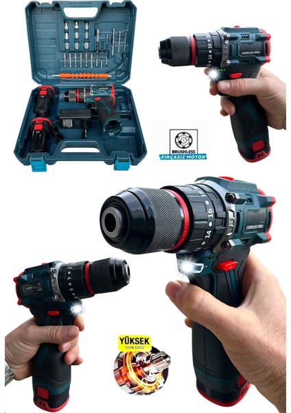 24 V 5 Ah Kömürsüz Darbeli Torklu Şarjlı Matkap Lion Armut Batarya Çift Akülü Vidalama Setli