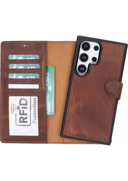 Samsung Galaxy S24 Ultra Uyumlu, Deri Cüzdanlı Kılıf, Antik Kahve indirimleri