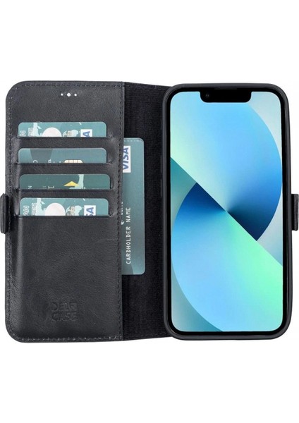 Apple iPhone 13 Uyumlu Deri Cüzdanlı Kılıf Rustik Siyah
