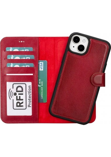 Apple iPhone 15 Plus Uyumlu Deri Cüzdanlı Kılıf Mwwn V4EF Kırmızı indirimleri