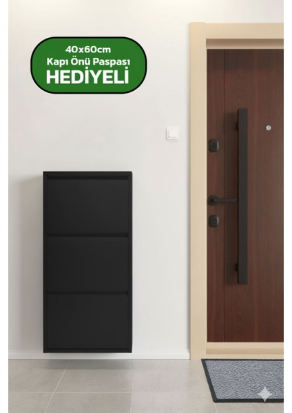 Üç Katlı Duvara Sabitlenebilir Metal Ayakkabılık 40X60 cm Kapı Paspası Hediyeli