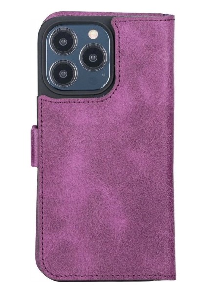 Apple iPhone 13 Pro Uyumlu Deri Cüzdanlı Kılıf Rustik Mor modelleri