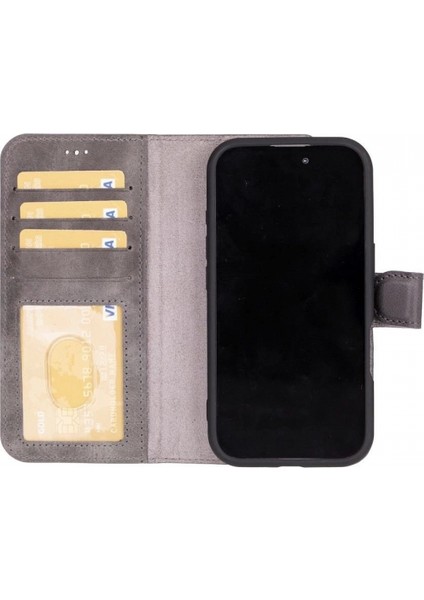 Apple iPhone 16 Plus Uyumlu, Hakiki Deri, El Yapımı, Cüzdanlı Kılıf, Gölgeli Gri fiyatları