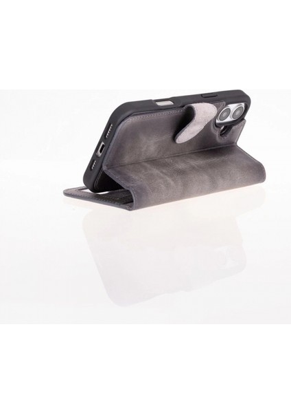 Apple iPhone 16 Plus Uyumlu, Hakiki Deri, El Yapımı, Cüzdanlı Kılıf, Gölgeli Gri modelleri