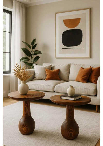 Doğal Masif Ahşap Yan Sehpa Seti – 2’li Meşe Renk Modern Zigon Takımı