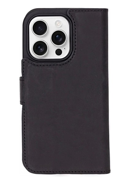 Apple iPhone 16 Pro Uyumlu, Hakiki Deri, El Yapımı, Cüzdanlı Kılıf, Mat Siyah fırsatları
