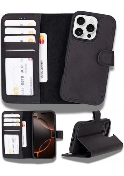 Apple iPhone 16 Pro Uyumlu, Hakiki Deri, El Yapımı, Cüzdanlı Kılıf, Mat Siyah indirimleri