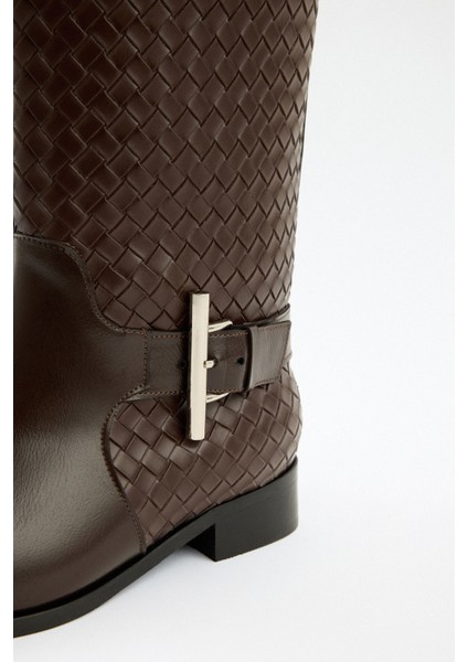 Çizme 2526 - Örgü Desenli Kısa Açık Kahve Kadın Çizme