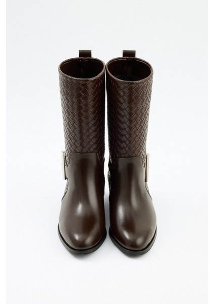 Çizme 2526 - Örgü Desenli Kısa Açık Kahve Kadın Çizme modelleri