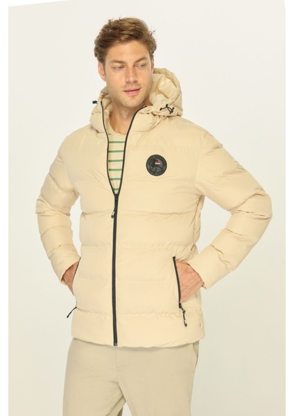 Erkek Bej Astarlı Su ve Rüzgar Geçirmez Kapüşonlu Kışlık Şişme Mont