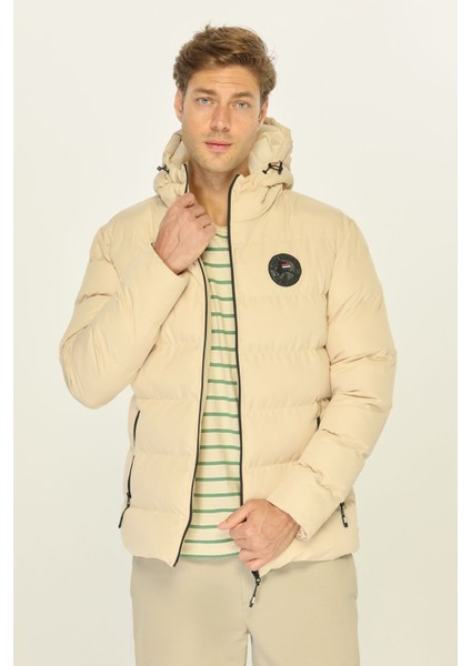 Erkek Bej Astarlı Su ve Rüzgar Geçirmez Kapüşonlu Kışlık Şişme Mont fiyatları