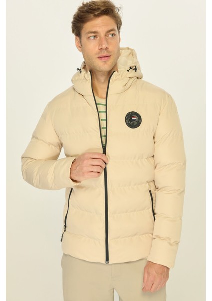 Erkek Bej Astarlı Su ve Rüzgar Geçirmez Kapüşonlu Kışlık Şişme Mont modelleri