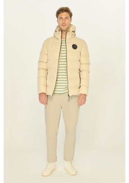 Erkek Bej Astarlı Su ve Rüzgar Geçirmez Kapüşonlu Kışlık Şişme Mont fırsatları