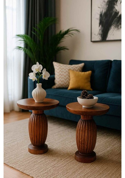 Doğal Masif Ahşap Yan Sehpa Seti – 2’li Tütün Renk Modern Zigon Takımı