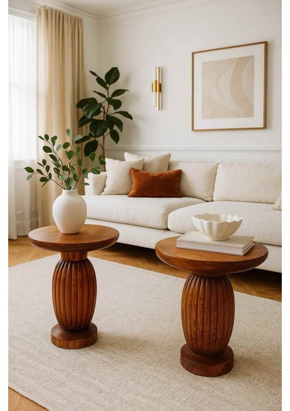 Doğal Masif Ahşap Yan Sehpa Seti – 2’li Tütün Renk Modern Zigon Takımı fiyatları