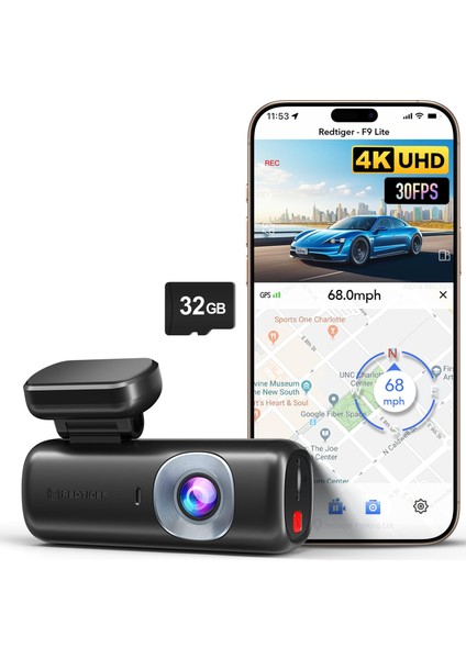 Redtıger F9 Lite 4K Mini Araç Kamerası – Adas Destekli, Wi-Fi & Gps, G-Sensör, 24 Saat Park Modu, Gece Görüş, 32GB Kart Dahil