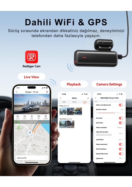 Redtıger F9 Lite 4K Mini Araç Kamerası – Adas Destekli, Wi-Fi & Gps, G-Sensör, 24 Saat Park Modu, Gece Görüş, 32GB Kart Dahil
