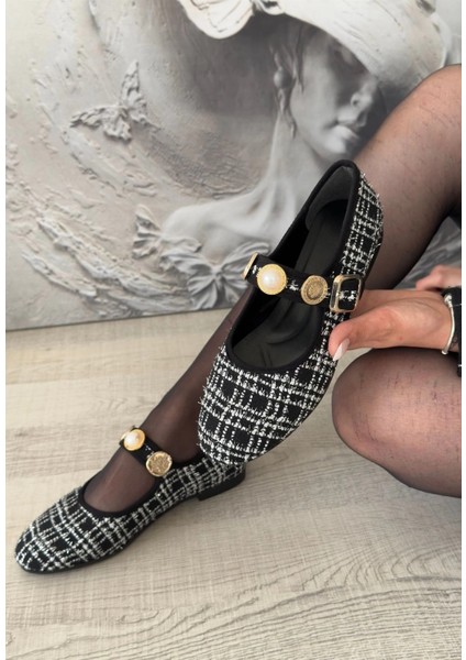 Mtxdpn Hante Siyah Beyaz Keten Taşlı Babet Ayakkabı (Numara: 36) fiyatları