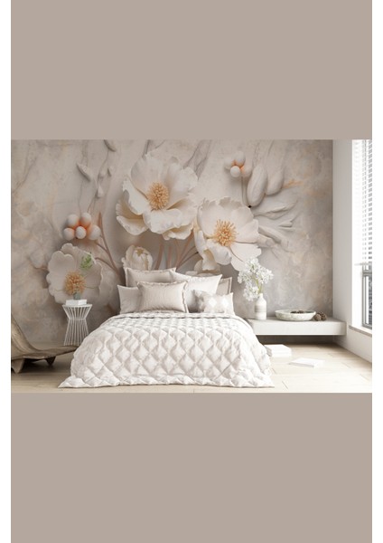 3D Beyaz Çiçek Desenli Zarif Dijital Baskılı Duvar Kağıdı-Yırtılmaz Silinebilir Duvar Kağıdı fiyatları