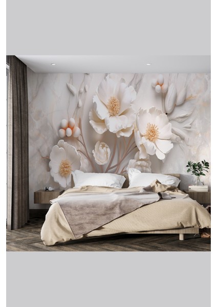 3D Beyaz Çiçek Desenli Zarif Dijital Baskılı Duvar Kağıdı-Yırtılmaz Silinebilir Duvar Kağıdı indirimleri