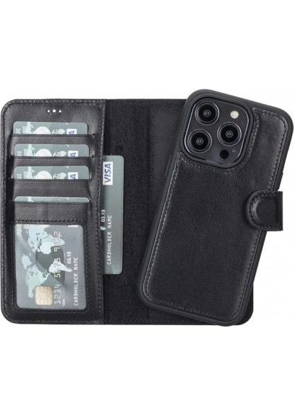 Apple iPhone 14 Pro Uyumlu Deri Cüzdanlı Kılıf Mwwn Rst1 Siyah