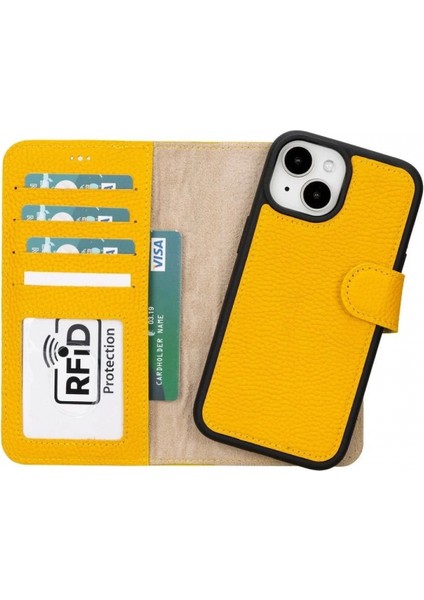 Apple iPhone 15 Uyumlu Deri Cüzdanlı Kılıf Mwwn FL12 Sarı indirimleri