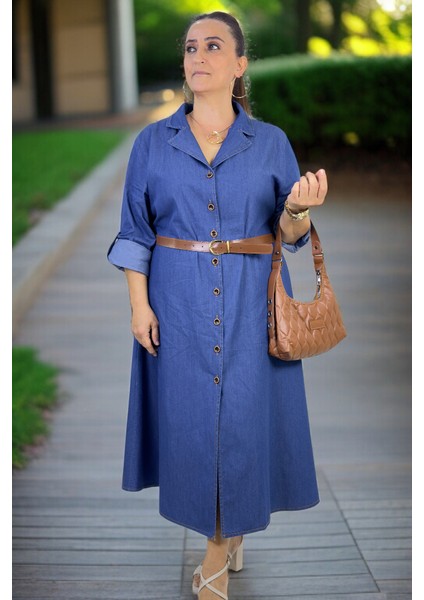 Önden Düğmeli Katlanır Kol Kemer Aksesuarlı Büyük Beden Kloş Kot Elbise