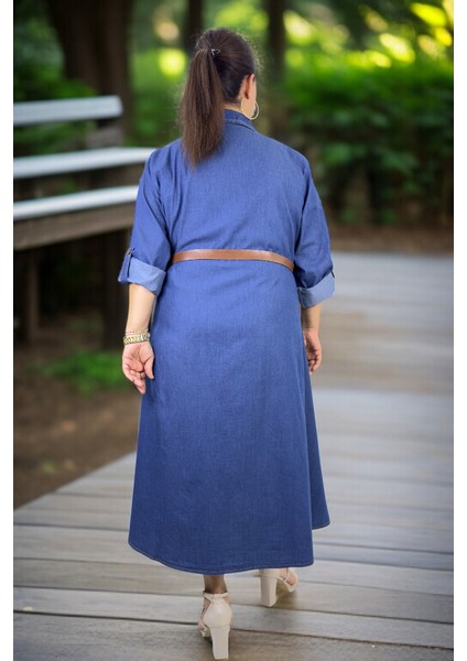 Önden Düğmeli Katlanır Kol Kemer Aksesuarlı Büyük Beden Kloş Kot Elbise fiyatları