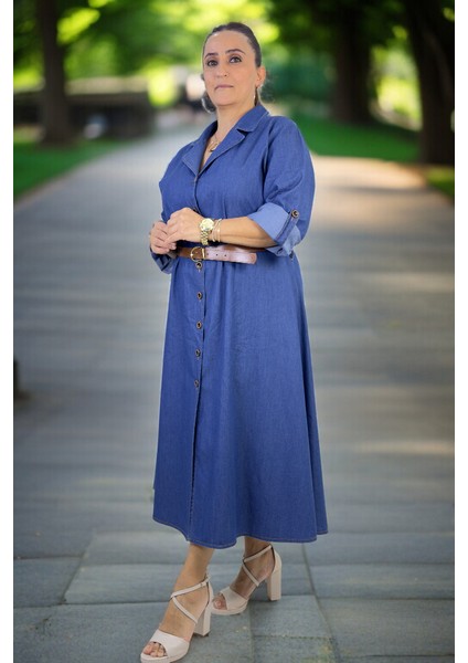 Önden Düğmeli Katlanır Kol Kemer Aksesuarlı Büyük Beden Kloş Kot Elbise modelleri