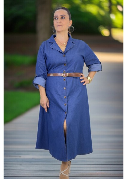 Önden Düğmeli Katlanır Kol Kemer Aksesuarlı Büyük Beden Kloş Kot Elbise fırsatları